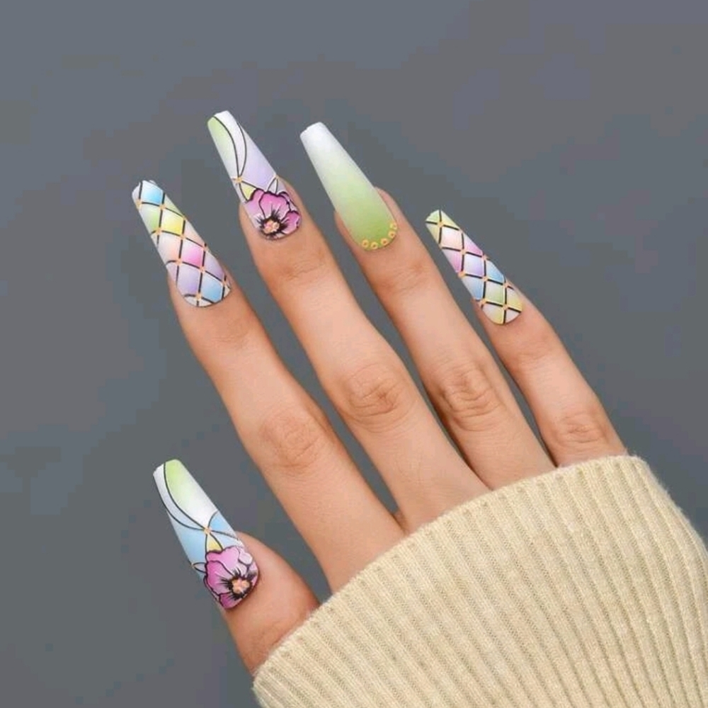 Long Coffin Flower Fake Nail